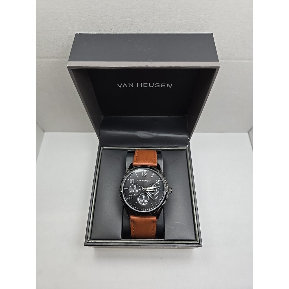 Van Heusen VAN5704RO Mens Black Multi Dial Leather Quartz Watch New Battery